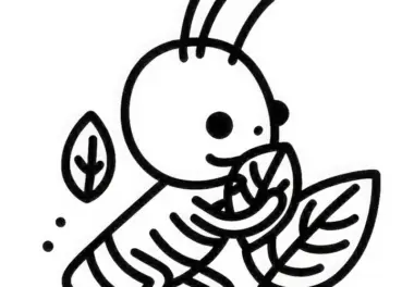 Grashüpfer knabbert an Blatt: Einfaches Ausmalbild (Kostenlos)