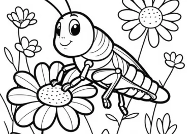 Grashüpfer sitzt auf Blume: Malvorlage zum Download (Kostenlos)