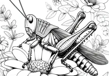 Grashüpfer sitzt auf Blume: Detailreiches Ausmalbild (Kostenlos)