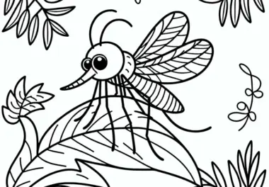 Stechmücke sitzt auf Blatt: Einfache Malvorlage (Kostenlos)
