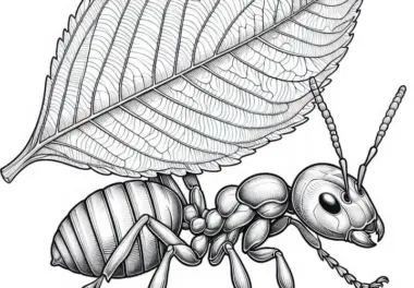 Ameise trägt Blatt über Kopf: Malvorlage zum Download (Gratis)