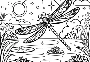 Schillernde Libelle über einem Teich: Kostenloses Ausmalbild