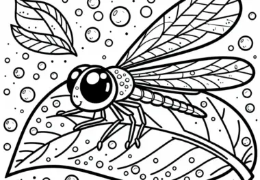 Libelle auf Blatt mit Tautropfen: Malvorlage zum Download (Kostenlos)