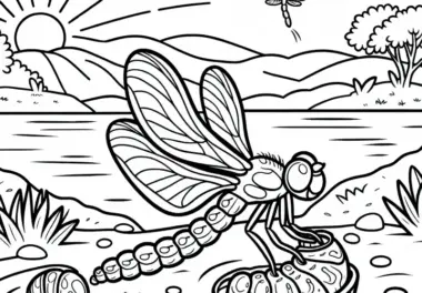 Libelle schlüpft aus Larvenhülle am Ufer: Ausmalbild zum Herunterladen (Gratis)