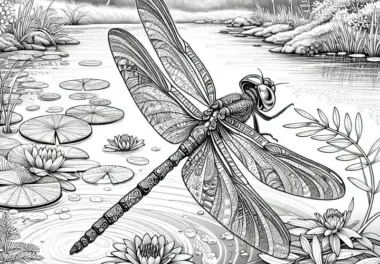 Libelle schwirrt über einem Teich: Ausmalbild zum Herunterladen (Kostenlos)