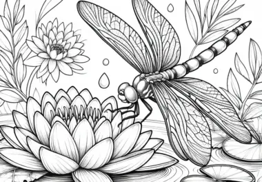 Libelle landet sanft auf der Seerose: Detailreiche Malvorlage (Gratis)