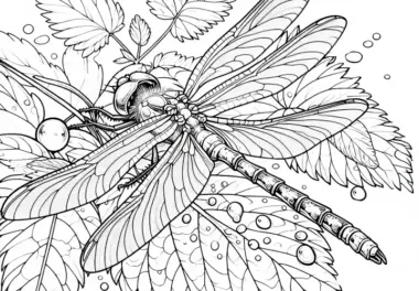 Libelle auf Blatt mit Tautropfen: Ausmalbild zum Herunterladen (Gratis)