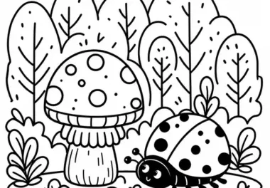 Marienkäfer neben Pilz im Wald: Einfaches Ausmalbild (Gratis)