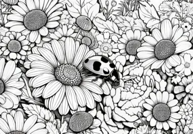 Marienkäfer versteckt sich zwischen Blumen als Ausmalbild (Gratis)