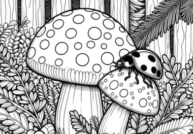 Marienkäfer krabbelt über kleinen Pilz im Wald: Ausmalbild zum Herunterladen (Kostenlos)
