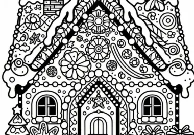 Lebkuchenhaus mit vielen Verzierungen – Adventskalender Ausmalbild gratis