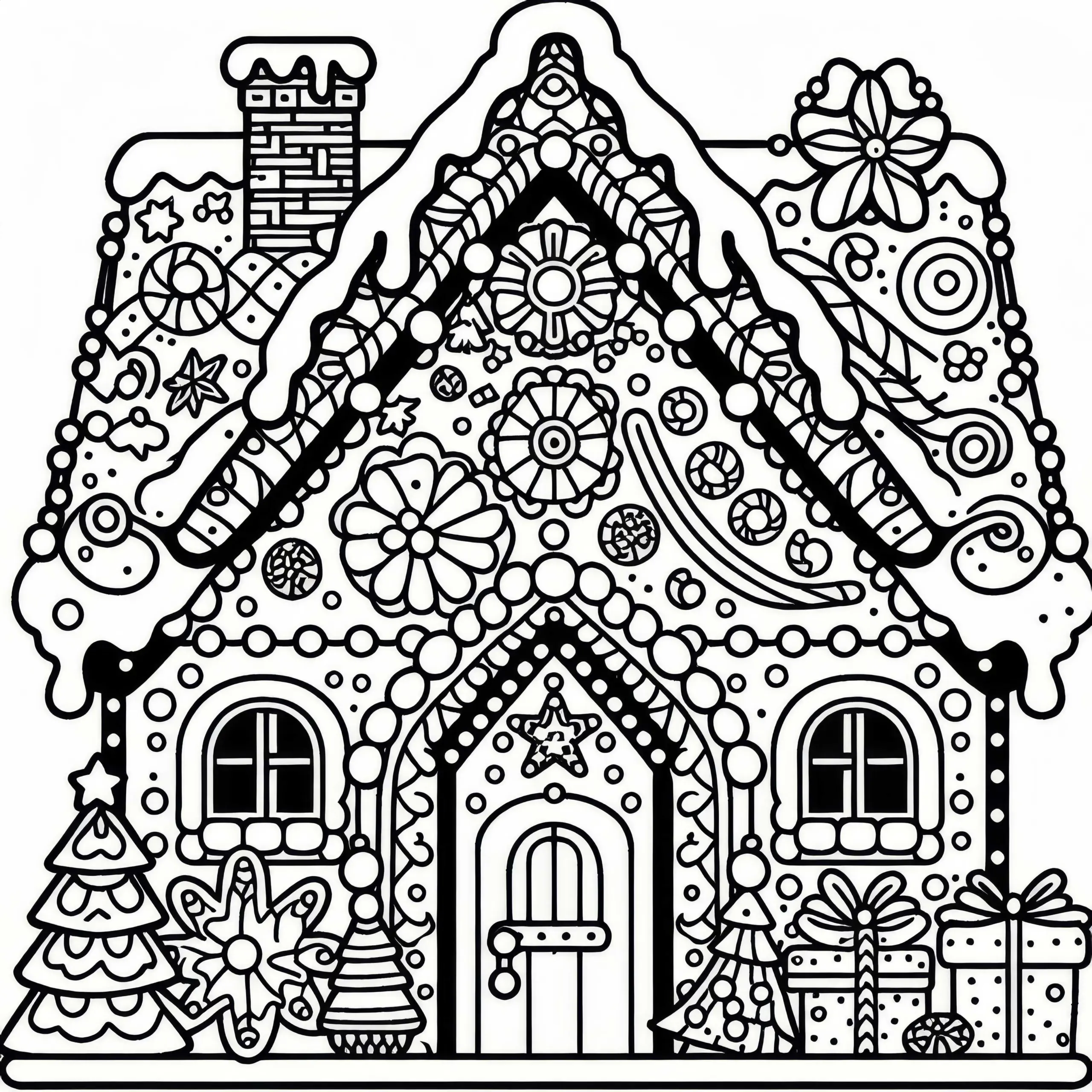 Lebkuchenhaus mit vielen Verzierungen – Adventskalender Ausmalbild gratis