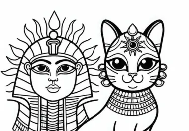 Bastet, die Katze mit Sonnenauge und Sistrum – Malvorlage ägyptische Mythologie gratis