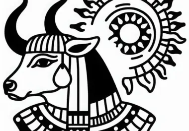 Hathor mit Kuhhörnern und Sonnenscheibe – Ausmalbild zur ägyptischen Mythologie kostenlos