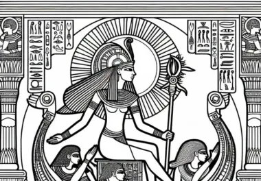 Ra der Sonnengott im Sonnenboot auf Reise durch die Unterwelt – Malvorlage Ägyptische Mythologie kostenlos