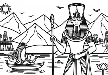 Sobek, der Krokodilgott am Ufer des Nils – Ausmalbild ägyptische Mythologie kostenlos