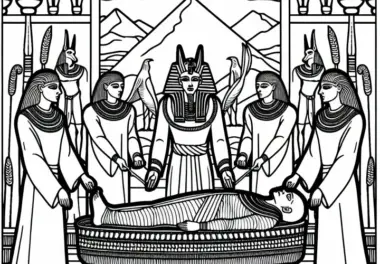 Mumifizierungsszene mit Priestern und Statue von Anubis – Ausmalbild zur Ägyptischen Mythologie