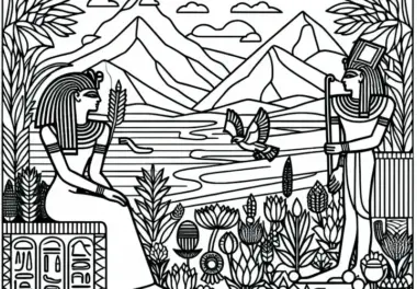 Nil mit fruchtbaren Feldern an den Ufern – Ausmalbild ägyptische Mythologie kostenlos