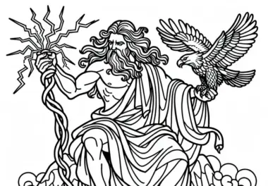 Zeus mit Blitzbündel und Adler auf dem Olymp – Malvorlage griechische Mythologie kostenlos