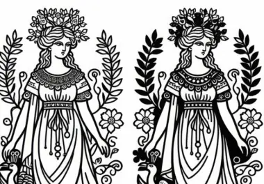 Hera mit Pfau und Krone als Beschützerin der Ehe – Ausmalbild griechische Mythologie gratis