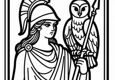 Athena mit Helm, Speer und Eule – Ausmalbild zur griechischen Mythologie