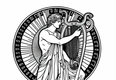 Apollo mit Lyra und Sonnenscheibe – Ausmalbild für die griechische Mythologie