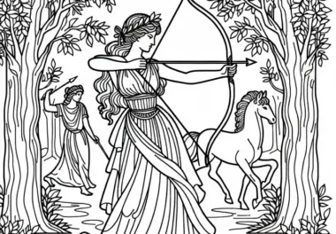 Artemis mit Bogen und Pfeilen im Wald – Ausmalbild der griechischen Mythologie