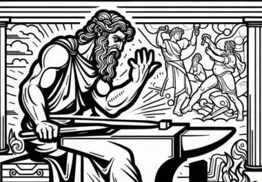 Hephaistos in der Schmiede mit Amboss – Ausmalbild zur griechischen Mythologie