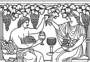 Dionysos mit Weintrauben und Becher – Malvorlage zur griechischen Mythologie