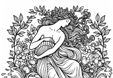 Aphrodite – Aus den Wellen geboren mit Muschel – Malvorlage Griechische Mythologie Kostenlos