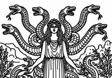 Hydra mit vielen Köpfen in einem Sumpf – Ausmalbild zur griechischen Mythologie kostenlos