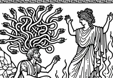 Medusa mit Schlangenhaaren und einem versteinerten Opfer – Malvorlage zur griechischen Mythologie