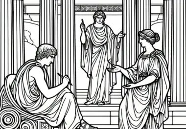 Tempel von Delphi mit Priesterin des Orakels – Ausmalbild zur griechischen Mythologie kostenlos