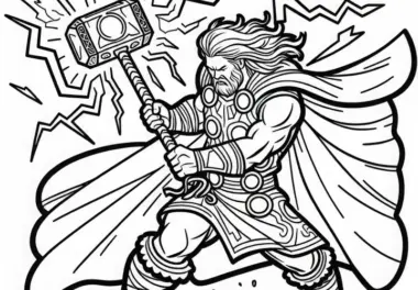 Thor mit Hammer Mjölnir – Der Blitze entfesselt Malvorlage der nordischen Mythologie kostenlos
