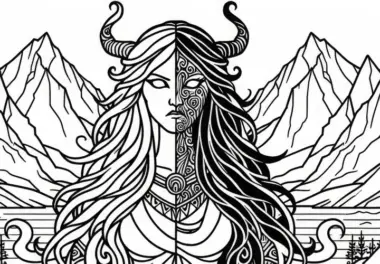 Hel, die Herrscherin der Unterwelt: Halb lebendig, halb tot – Ausmalbild für nordische Mythologie