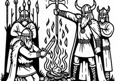Wikinger, die Odin vor der Schlacht Opfer bringen – Malvorlage zur nordischen Mythologie kostenlos