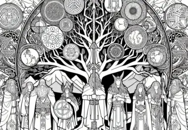 Yggdrasil, der Weltenbaum – Malvorlage nordische Mythologie gratis