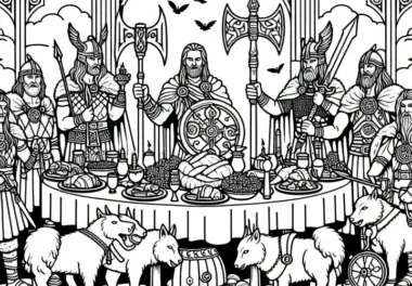 Szene aus Walhall mit Festmahl und Kriegern – Ausmalbild Nordische Mythologie Kostenlos