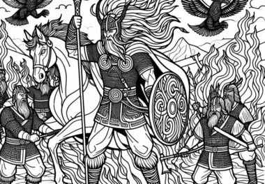 Ragnarok: Die Endzeit mit Kämpfenden Göttern und Feuerriesen – Malvorlage nordische Mythologie kostenlos
