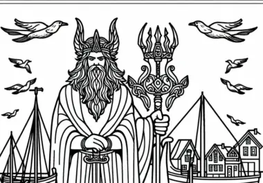 Njörd, der Gott des Meeres im Hafen mit Booten – Malvorlage zur nordischen Mythologie
