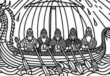 Drachenboot mit Wikingern auf hoher See – Ausmalbild zur nordischen Mythologie