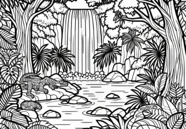 Wasserfall im Dschungel: gratis Ausmalbild