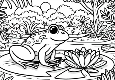 Frosch auf Seerose im Dschungel: kostenloses Ausmalbild