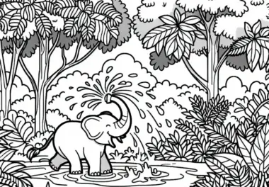 Dschungel-Ausmalbild: Elefant spritzt mit Wasser