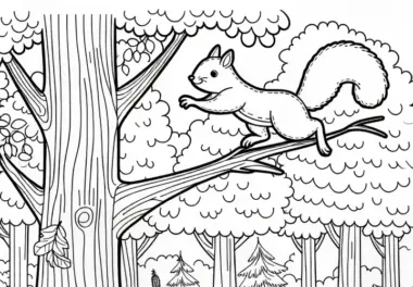 Eichhörnchen im Wald: kostenloses Ausmalbild