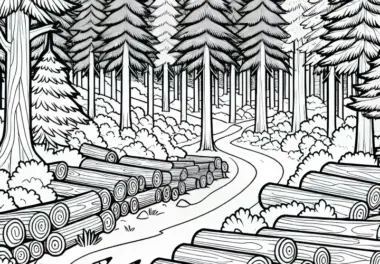 Holzfällerweg im dichten Nadelwald: kostenlose Malvorlage