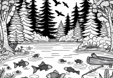 Waldsee mit Fischen: gratis Malvorlage