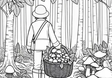 Pilzsammler im Herbstwald: gratis Malvorlage