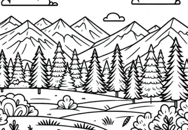 Wald mit Nadelbäumen: kostenloses Ausmalbild