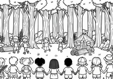 Kinder im Wald: kostenloses Ausmalbild